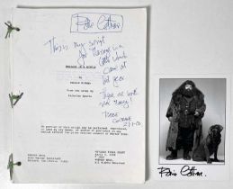 ROBBIE COLTRANE SIGNED PERSONAL FILM SCRIPT FOR 'MESSAGE IN A BOTTLE' & PHOTO.