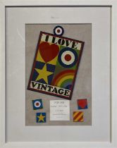 PETER BLAKE - SIGNED DISPLAY PIECE INC LIMITED EDITION ENAMEL BADGES.