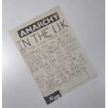 PUNK INTEREST - ORIGINAL 1978 'ANARCHY IN THE UK' HANDBILL.