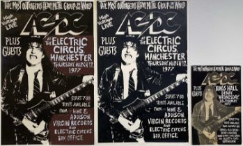AC/DC - AN ORIGINAL 1977 ELECTRIC CIRCUS MANCHESTER CONCERT POSTER AND ORIGINAL DESIGN MATERIALS.
