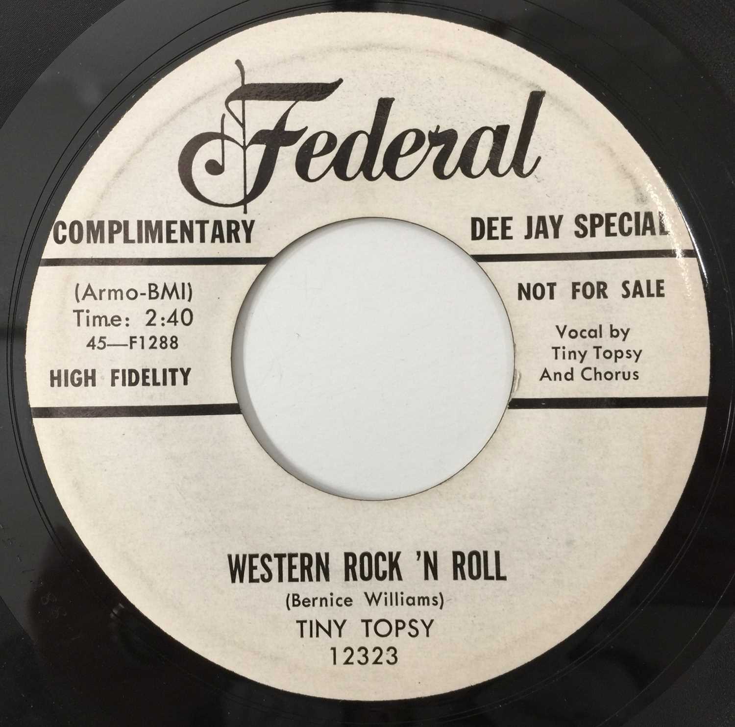 TINY TOPSY - CHA CHA SUE/ WESTERN ROCK N ROLL 7" (US PROMO - FEDERAL - 12323) - Image 2 of 2