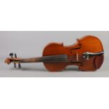 A cased violin with one piece back. Label for Berini Violin. 14inch.