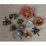 A box of vintage fishing reels. Includes The Gnat, Edgar Sealey, Intrepid, wooden examples etc.