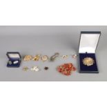 A quantity of costume jewellery, mainly brooches. Includes boxed vintage Monet example.