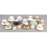 Fifteen bone china cups and saucers. Includes Royal Crown Derby, Soho Pottery Ltd, Noritake,