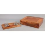A two-inkwell oak desk tidy, together with a modern hinged-fronted writing slope. Replacement