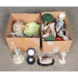 Two boxes of assorted ceramics and glassware to include several Leonardo Collection figures, perfume