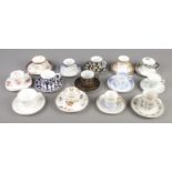Fourteen bone china cups and saucers. Includes Royal Doulton, Aynsley, Wedgwood, Sutherland etc.