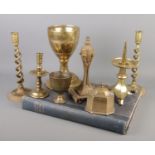 A collection of antique brasswares along with Monumental Brasses of England by The Rev. Charles
