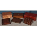 A quantity of wooden boxes. Including a walnut writing slope with inlaid decoration, cutlery