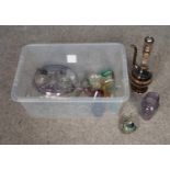 A box of assorted glassware to include candlesticks, coloured drinking glass set and large