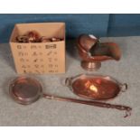 A quantity of copper wares including coal scuttle, pans, bedpan etc.