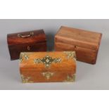 Two triple tea caddys along with decorative box with brass fittings.