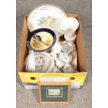 A box of miscellaneous. Includes Wedgwood, Minton, small framed Bim Hopewell painting etc.