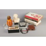 A quantity of collectables including Beethoven bust, playing cards in leather case, flask and books.
