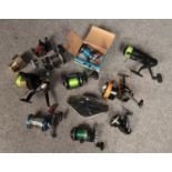 A bag of fishing reels. Includes Shakespeare Targa and Quadra, Intrepid, Dragon Surf etc.