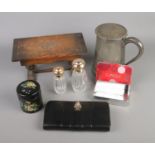 A quantity of collectables to include papier mache box, wooden music box (working), perfume bottles,