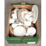 A box of miscellaneous ceramics. Includes Wedgwood Campion, cabinet plates etc.