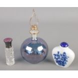 Three scent bottles. Including silver topped guilloche enamel example, etc.