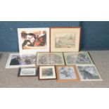 A quantity of paintings and prints including pair of David Hobbs prints, pencil sketches of