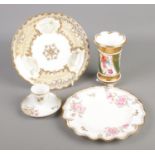 A small collection of porcelain. Includes hand painted spill vase, Royal Crown Derby Royal Pinxton