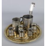 A collection of mainly antique metalwares. Includes brass tray, pewter measures, spectacles etc.