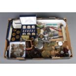 A large box of collectables. Including Stanley compass, Tower Mint Winter Olympic Games coin set,