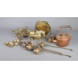 A quantity of metalwares. Includes brass gong, copper kettle, brass horse and cart model etc.