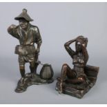 A bronze figure of a seated young girl along with a Japanese spelter figure of a fisherman. Bronze