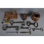 A quantity of metalwares. Including antique iron lock, cattle nose lead, large keys, etc.