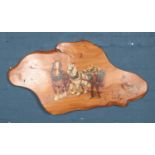 A carved wood slab with painted scene depicting two shire horses leading a cart. Approx.