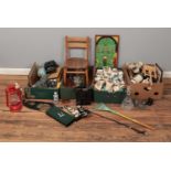 Four boxes of miscellaneous. Including Soccatelle board, tilley lamp, spelter Marley horse (AF),
