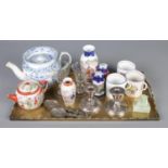 A brass tray with contents of collectables. Includes oriental items, antique glasses, silver dwarf