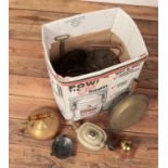 A box of metalwares. Includes copper kettles, brass doorstop etc.
