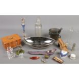 A box of collectables. Including pestle & mortar, white metal and glass candlestick, railway