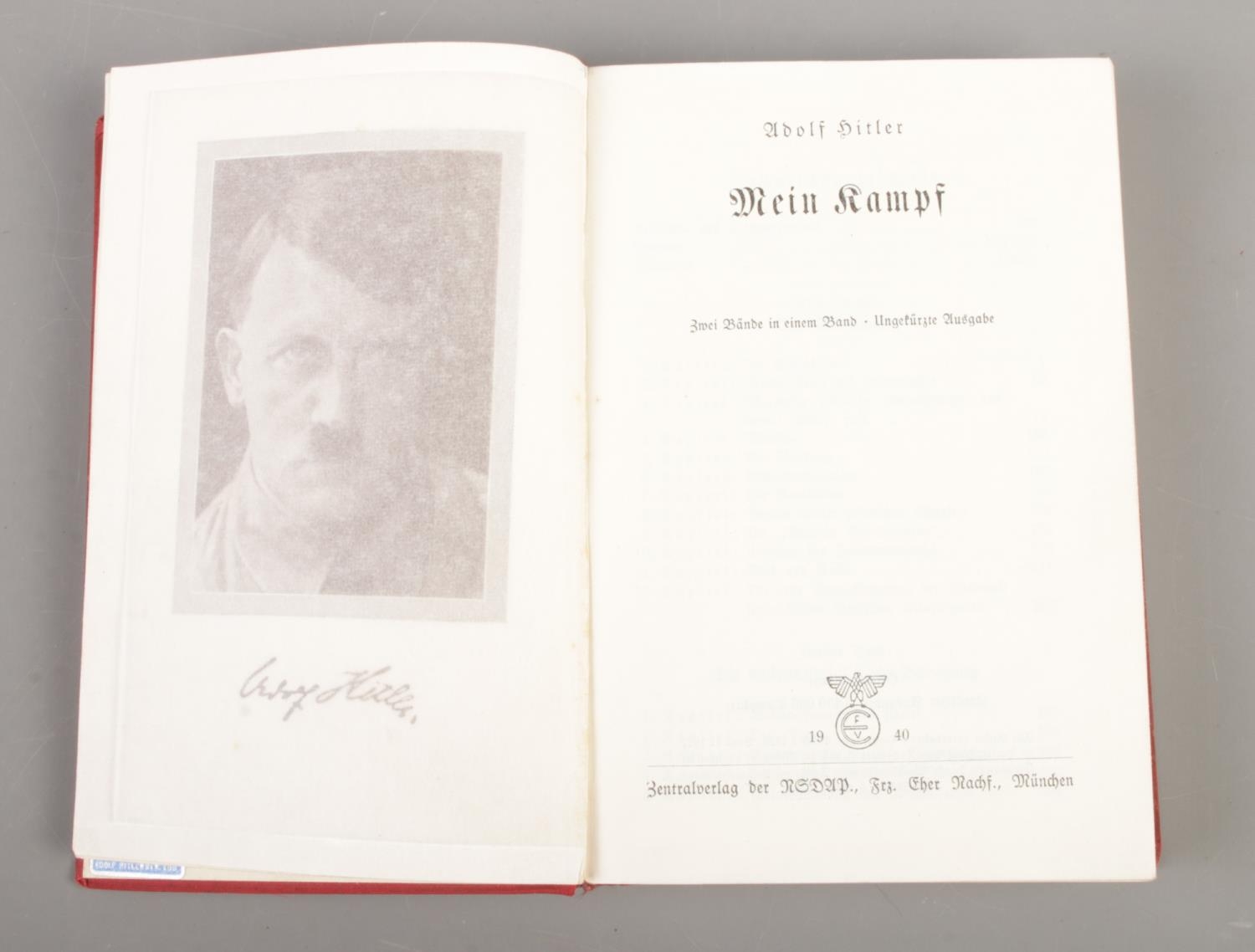 A 1940 German transcript edition of Mein Kampf with red cloth covers and inside cover with printed - Image 2 of 2