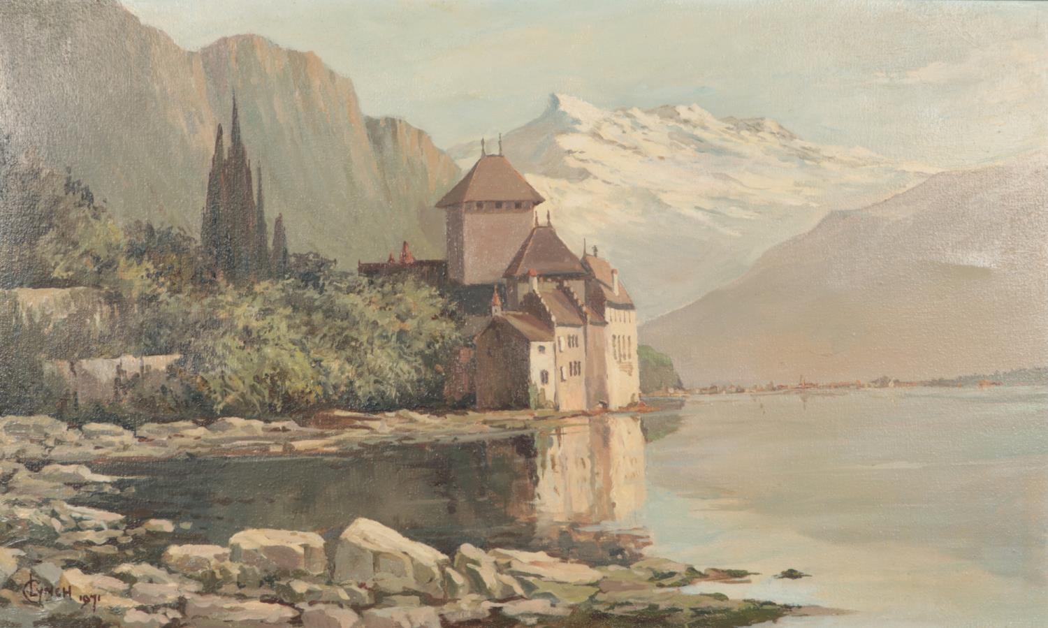 A C. Lynch (dated 1997) oil on canvas depicting large building by a lake against a mountain range - Image 2 of 3