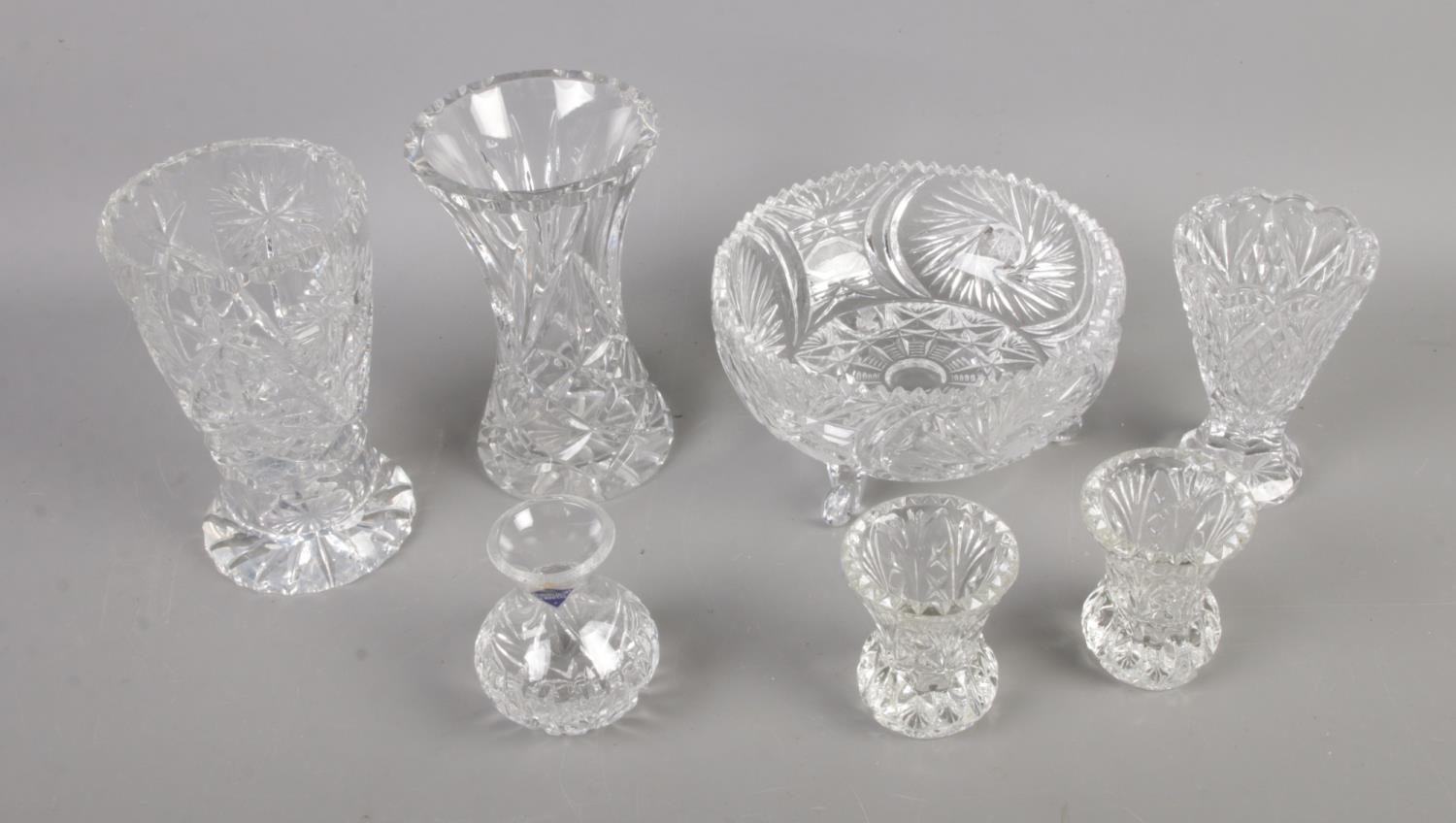 A quantity of cut glass ware including boxed Edinburgh Crystal posy vase, bowl and selection of