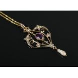 An Edwardian 9ct Gold, Amethyst and Pearl pendant on dainty 9ct Gold chain. Total weight: 3.2g.