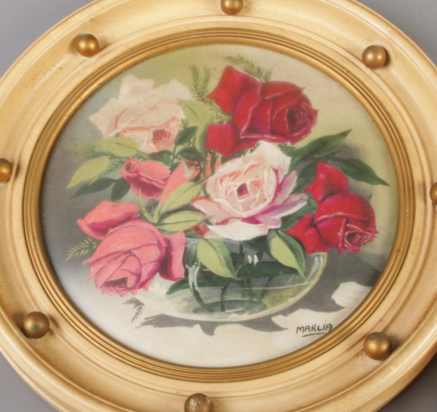 Two floral still life oil on boards, signed Rosina and Marcia, mounted in circular convex frames. - Image 3 of 3