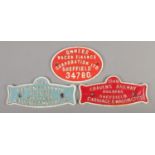 Three cast iron Sheffield railway plates. To include two Cravens Railway Carriage & Wagon Co Ltd