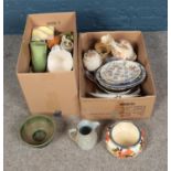 Two boxes of miscellaneous ceramics including vases, jugs and cabinets plates.