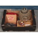 One box of assorted items. To include Merinos cigar case containing soldier figures, retro dial