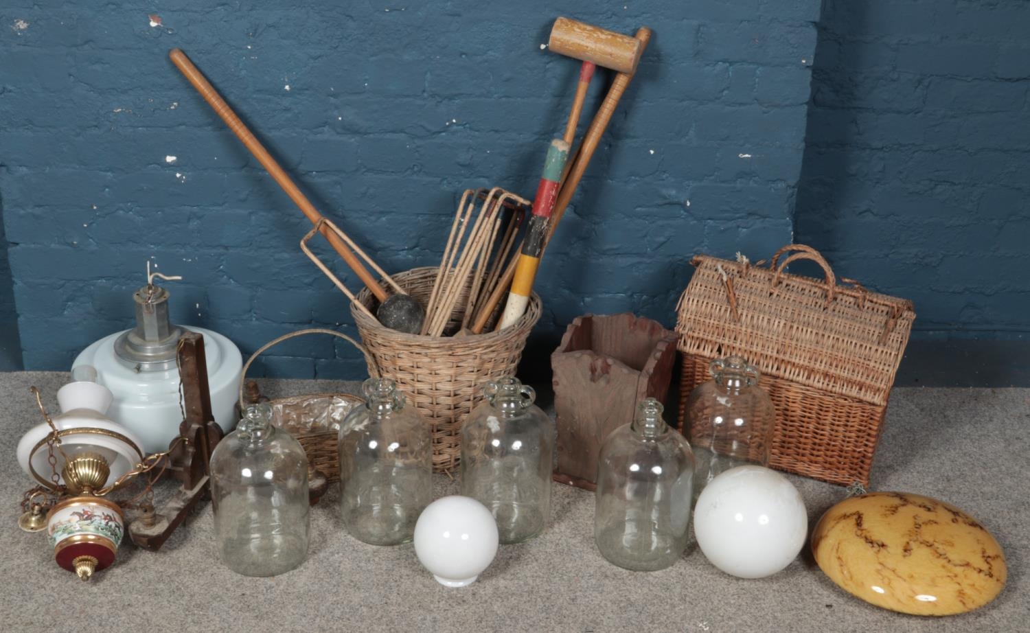 A quantity of miscellaneous. Including croquet set, wicker baskets, light shades, etc.