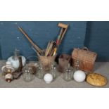 A quantity of miscellaneous. Including croquet set, wicker baskets, light shades, etc.