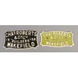 Two Chas. Roberts & Co. Ltd Builders plaques for Wakefield. 1952 & 1956. Largest example: 29cm x