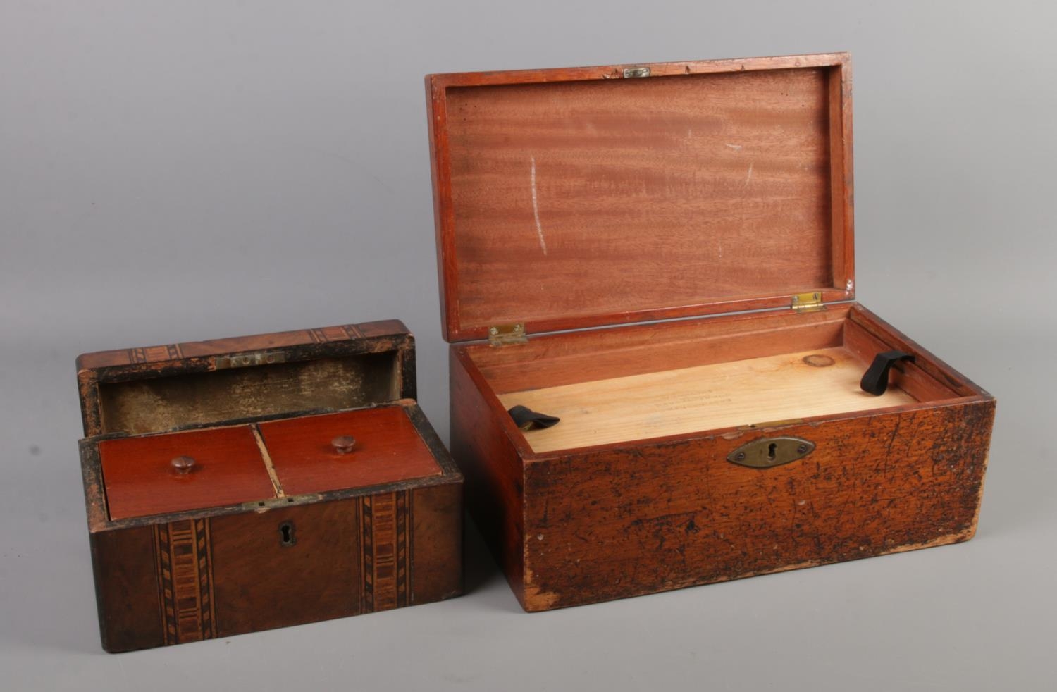 A Victorian mahogany tea caddy, together with a mahogany box with three removable trays. Box stamped - Image 2 of 3