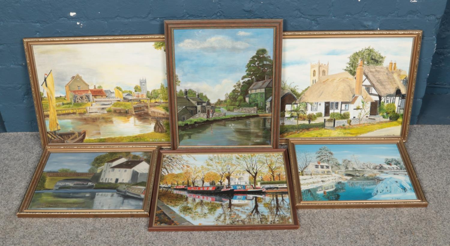 Six framed amateur oil on canvas paintings, by artists R. Taylor and 'Wain', depicting countryside