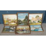 Six framed amateur oil on canvas paintings, by artists R. Taylor and 'Wain', depicting countryside