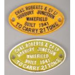 Two small Chas. Roberts & Co Ld cast iron railway plates. 'Horbury Junction, to carry 21 tons'. Both